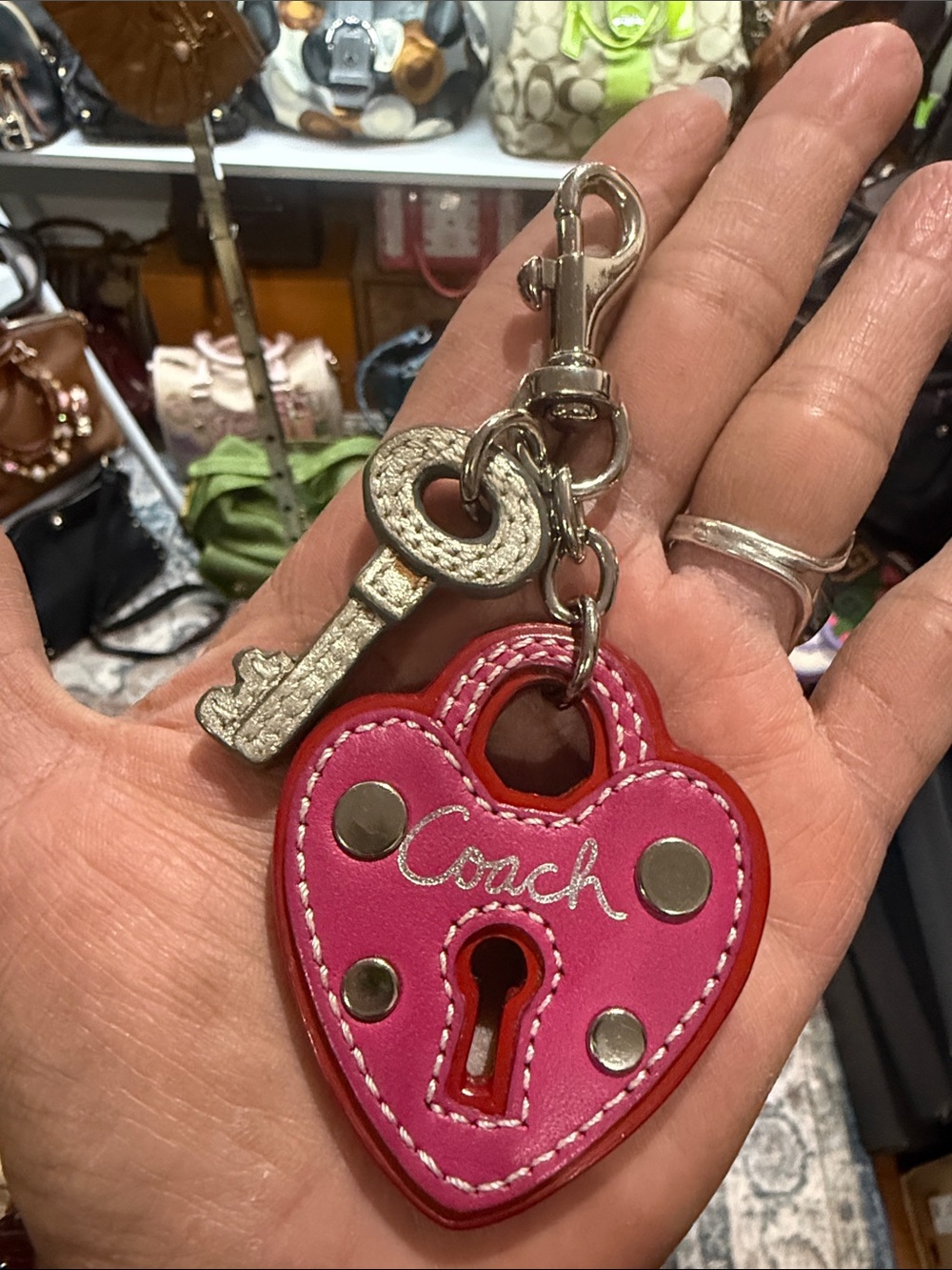 Coach Rare Pink & Red Heart Lock Keychain Charm with Key Accent in leather